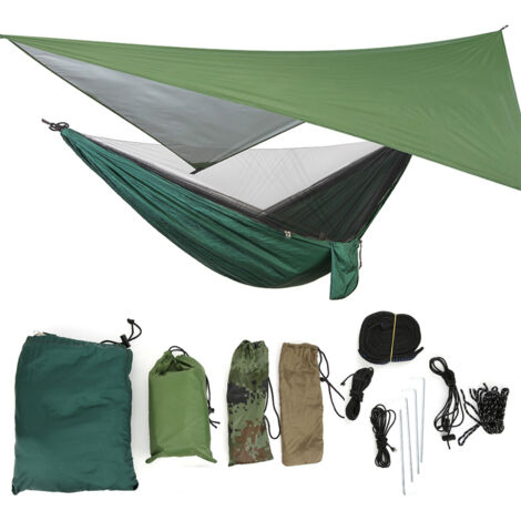 Outdoor Garden Courtyard Portable Mosquito Net Hanging Hammock Set for Traveling Camping (Ground nail bag color is random)(Military Green Canopy Dark Green Hammock )
