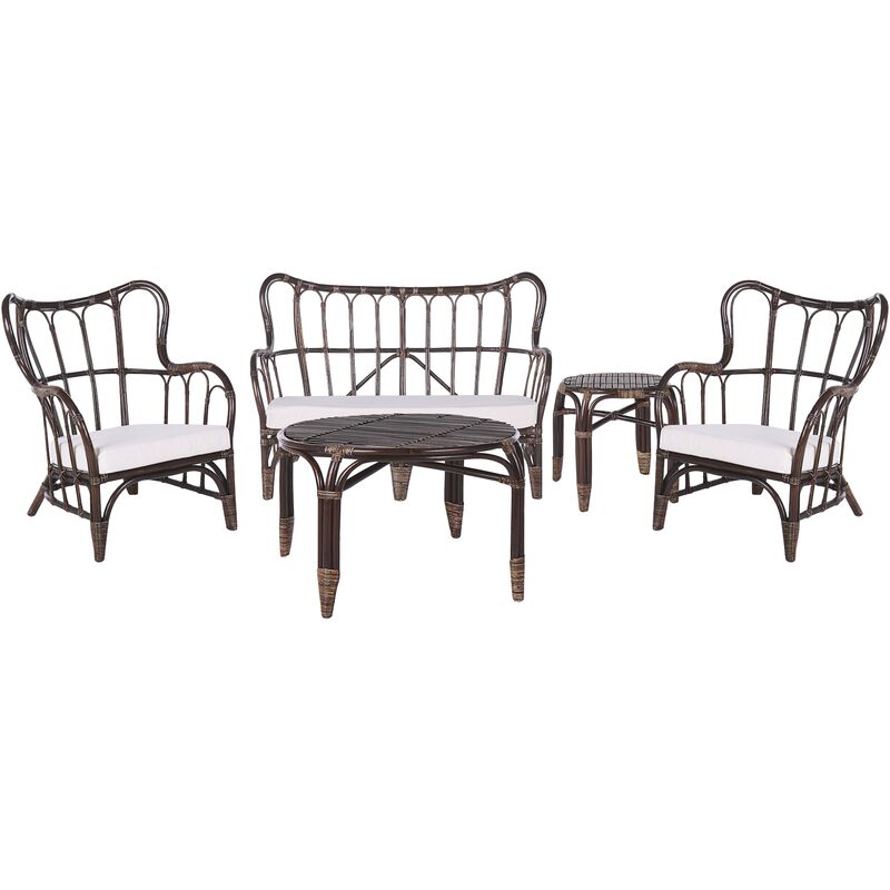 Garden Sofa Set Beige Rattan 2 Tables 2 Armchairs Dark Brown Brindisi