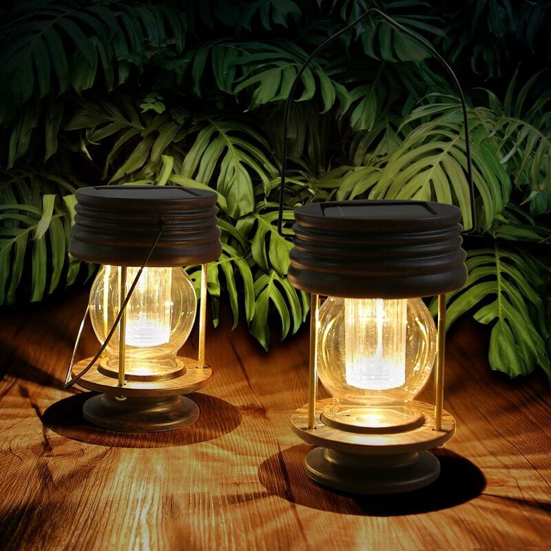 Outdoor Garden Solar Lantern Decorative Waterproof IP44 Set of 2 Vintage Hanging Solar Lanterns led Lights Table Lamp for Tree Patio Lawn Hallway