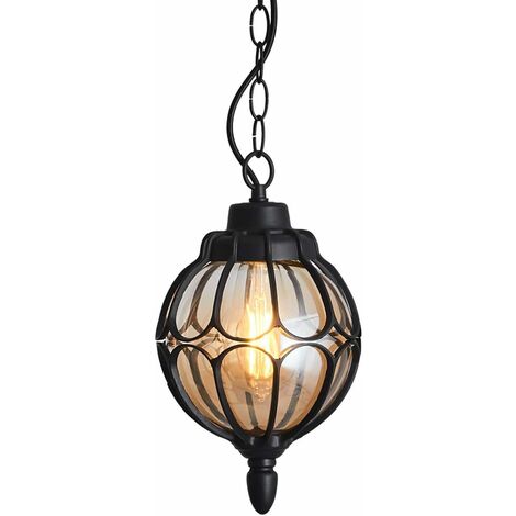 Outdoor Hanging Lantern, Rustic Waterproof Pendant Lighting Fixture in Painted Black Metal with Glass Globe, Exterior Hanging Light for Porch, Exterior, Entryway (Black)