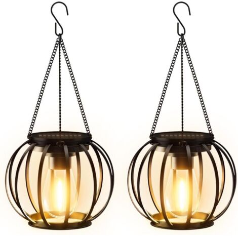 Outdoor hanging solar lights, set of 2 metal solar lanterns for outdoor use with large LED bulb, IP65 waterproof solar lights, garden decoration with hook and chain