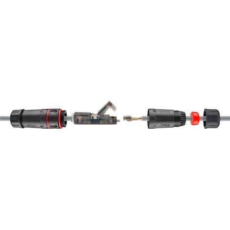 Outdoor (IP68) Netzwerkkabel-Verbinder, CAT 6 UTP ungeschirmt, staub- und wasserdicht, Klemmleiste für LSA Montage (werkzeugfrei).