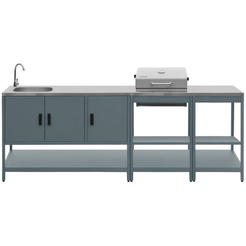 Outdoor Kitchen With Charcoal Barbecue And 3 Modules With Sink Grey Blue - Naxos
