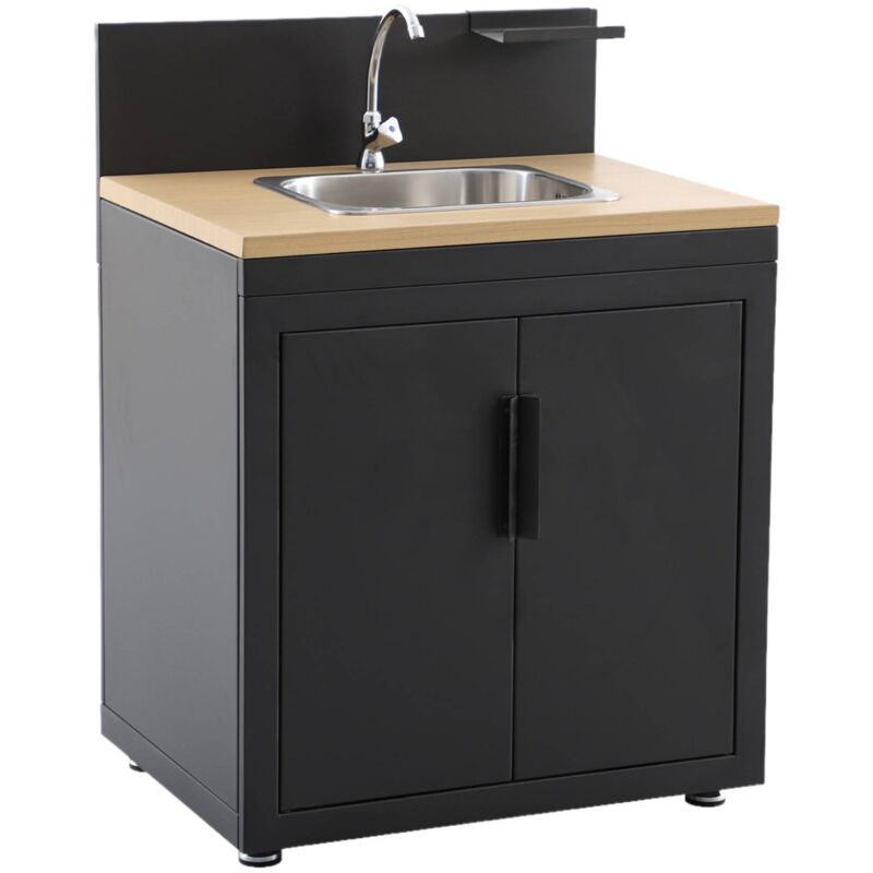 Outdoor Kitchen Steel And Wood Decor 1 Sink 2 Doors 1 Hook L80cm Black - Milos