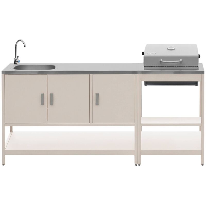 Outdoor Kitchen With Charcoal Barbecue And 2 Modules With Sink Beige - Naxos