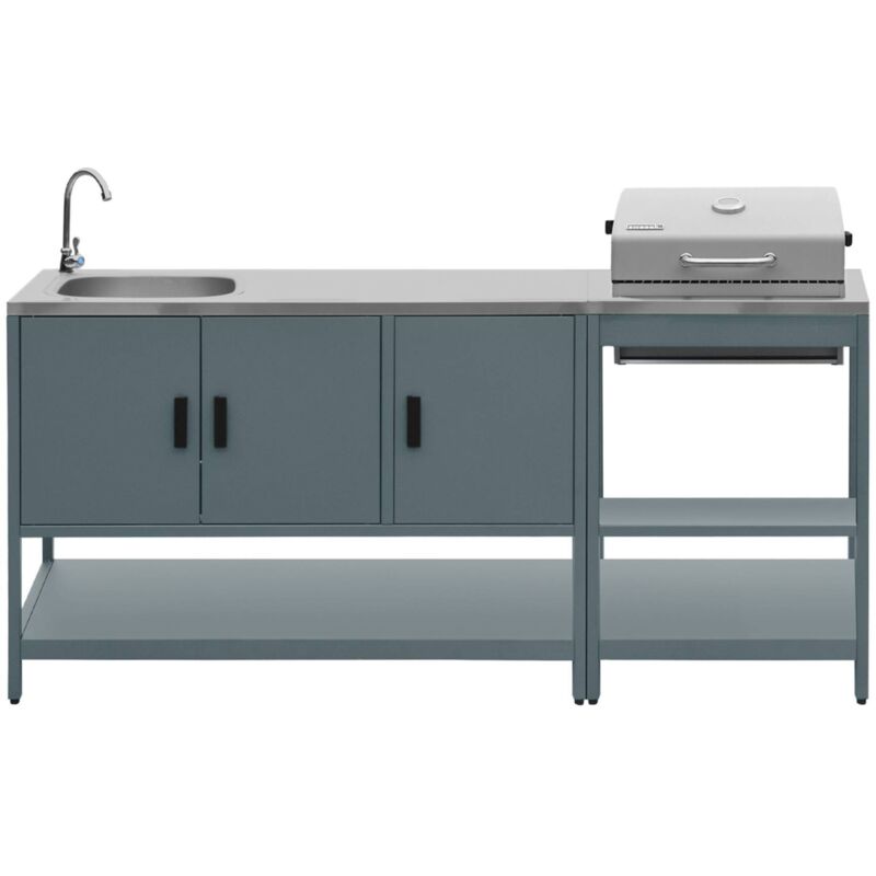 Outdoor Kitchen With Charcoal Barbecue And 2 Modules With Sink Grey Blue - Naxos