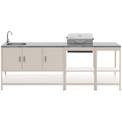 SWEEEK Outdoor kitchen with charcoal barbecue and 3 modules with sink beige - Naxos