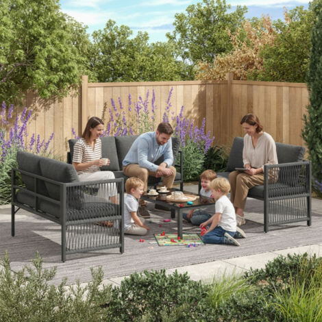 Outdoor L-Shaped Corner Sofa Set 5-6 Seater Garden Furniture with Coffee Table Weatherproof Patio Lounge Set Grey