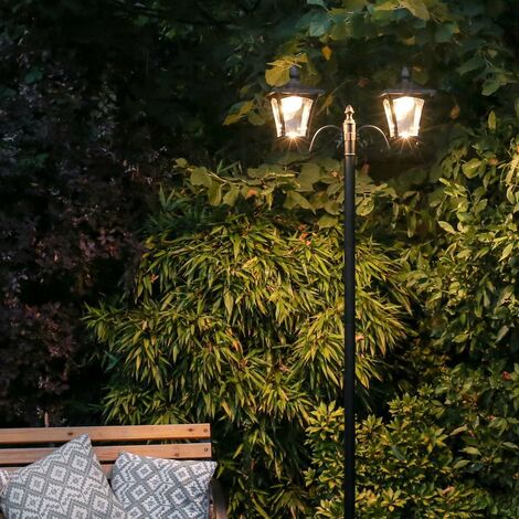 Outdoor Large Black Twin Head Solar Security Lamp Post, Warm White LEDs, 2.1m