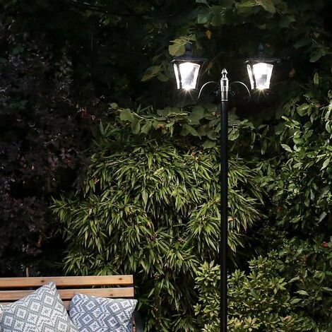 Outdoor Large Black Twin Head Solar Security Lamp Post, White LEDs, 2.1m