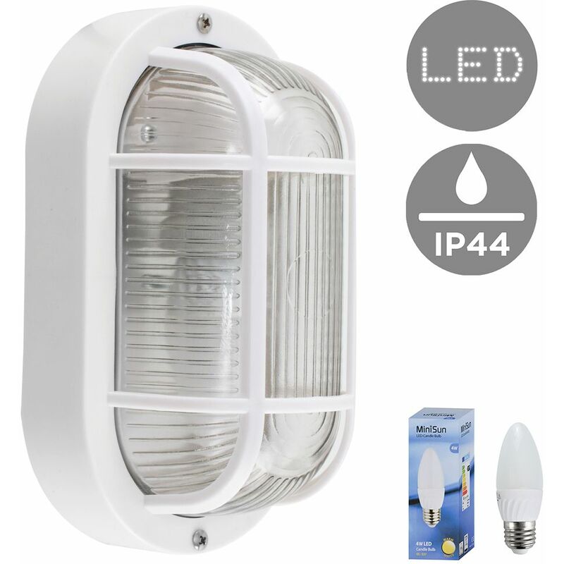 Outdoor Garden Security Bulkhead Wall Light IP44 Rated + Warm White Candle LED Bulb - White