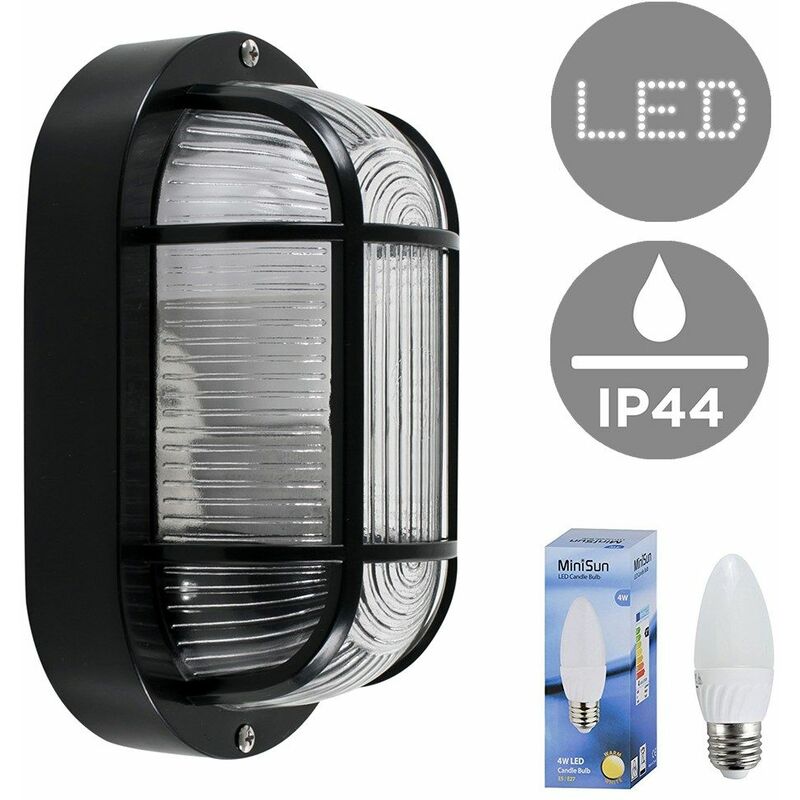 Outdoor Garden Security Bulkhead Wall Light IP44 Rated + Warm White Candle LED Bulb - Black