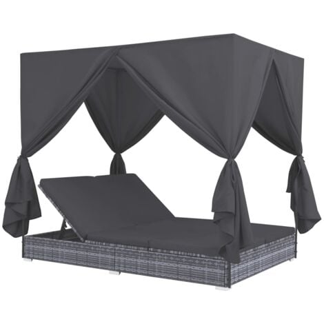 Outdoor-Lounge-Bett mit Vorhängen Poly Rattan Grau vidaXL - Grau