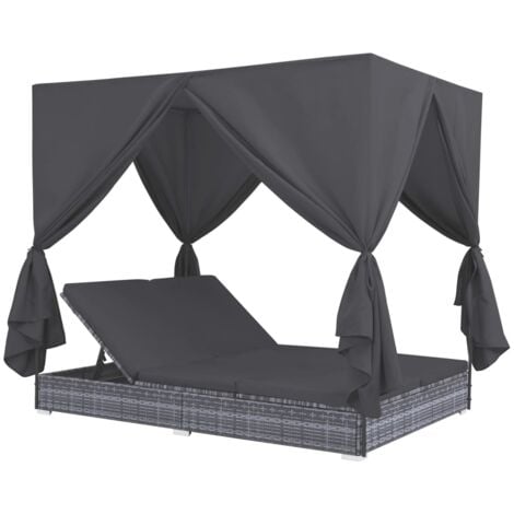 BONNEVIE Outdoor-Lounge-Bett mit Vorhängen Poly Rattan Grau vidaXL612201