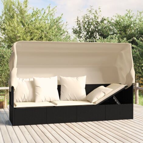 Outdoor-Loungebett mit Dach und Kissen Schwarz Poly Rattan vidaXL
