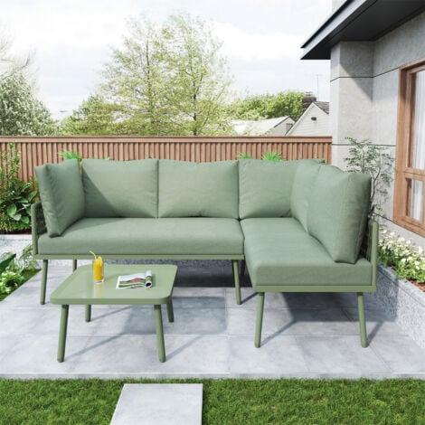 Outdoor Patio&Backyard Furniture Garden Lounge Set for 4-5 people, Thick Quality Space Saving L-Shaped Corner Sofa with Glass Coffee Table, Green