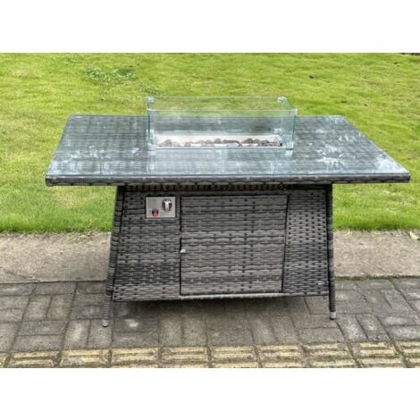 Outdoor PE Dark Mixed Grey Rattan Propane Butane Gas Fire Pit Dining Rectangular Oblong Table Gas Heater Burner Garden Furniture Accessory