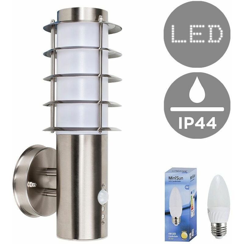 Modern Outdoor Decorative Pir Sensor Stainless Steel Wall Light Lantern + 4W LED Candle Bulb - Warm White