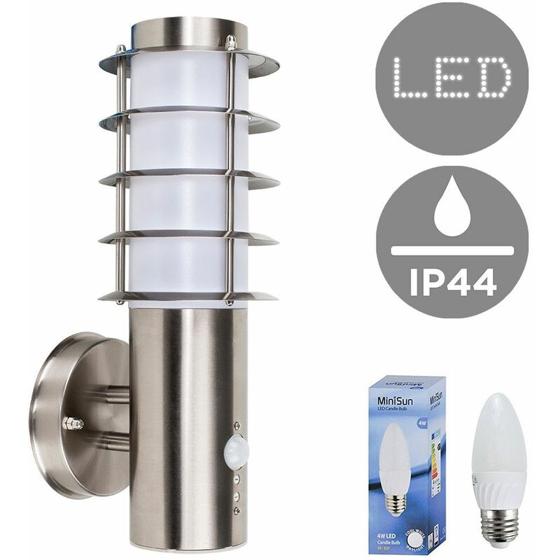 Modern Outdoor Decorative Pir Sensor Stainless Steel Wall Light Lantern + 4W LED Candle Bulb - Cool White