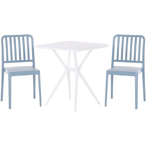 Outdoor Plastic Bistro Set Square Table 2 Chairs Weatherproof White Blue Sersale - Blue