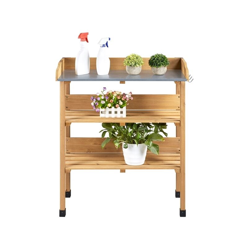 Potting Bench Yaheetech 3-Tier Outdoor Potting Table with hook Fir Wood,Natural Wood - wood