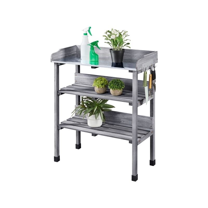 Potting Bench Yaheetech 3-Tier Outdoor Potting Table with hook Fir Wood, Gray - gray