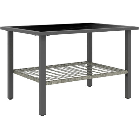 Outdoor Rattan Coffee Table with Tempered Glass Top, Storage Shelf, Foot Pads, for Patio, Balcony, Mixed-grey