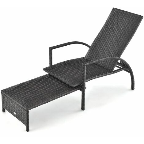 Outdoor Rattan Lounge Chair 5-Level Adjustable Chaise Lounger Wicker Recliner