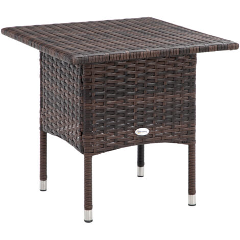 Outdoor Rattan Side Table Coffee Table with Plastic Board, Full Woven Table Top for Patio, Garden, Balcony, Mixed Brown