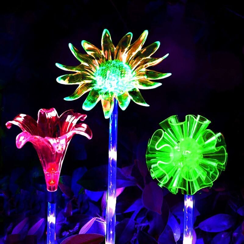 Outdoor Solar Flower Lights, Set of 3 Sunflower Lily Garden Decorations, Garden Solar Lamp, Color Changing LED Garden Light (IP65 Waterproof For)