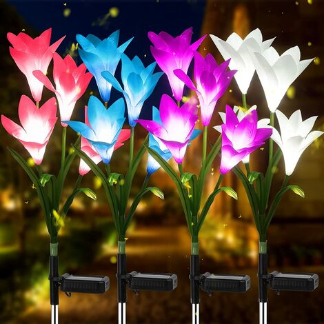 Outdoor solar light, 4 pieces of upgraded version of realistic outdoor solar garden light, waterproof 4-color lily solar flower light, with larger solar panels, used for terrace, garden, courtyard decoration