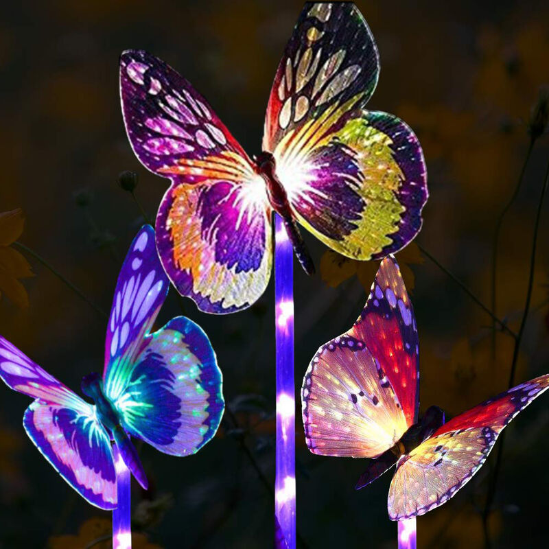 Outdoor-Solargartenleuchten, Solarpfahllichter, dekorative Faseroptik-Schmetterlingslichter mit farbwechselndem LED-Lichtpfahl, mehrfarbig wechselnde