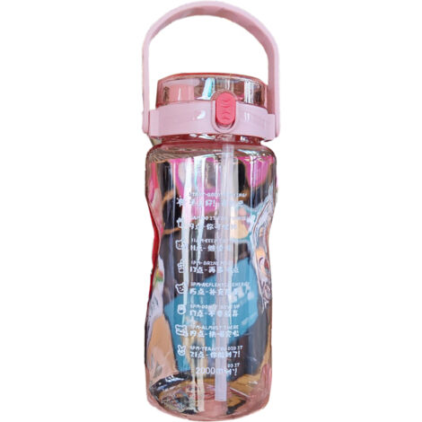 Outdoor-Sport-Trinkflasche aus Kunststoff, 2000 ml, pink, mit Doppelstrohhalm und Zeitmarkierung für Fitness