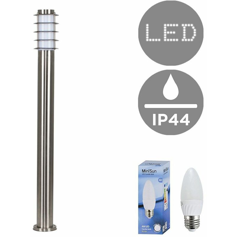 Minisun - Outdoor Stainless Steel 1 Metre Bollard Light Post + 4W LED Candle Bulb - Cool White