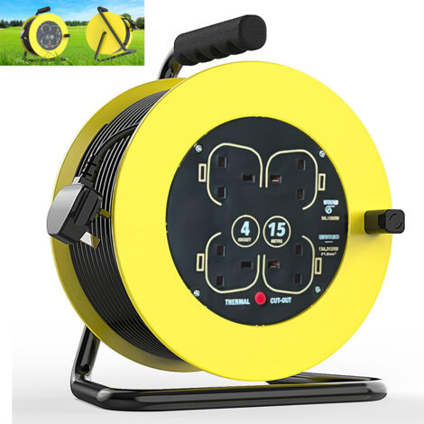 Outdoor switches and sockets, Four Socket Medium Cable Reels Extension leads with Winding Handle, Thermal Cut Out and Power Switch, 15 Metres, High Visibility Cable, Yellow