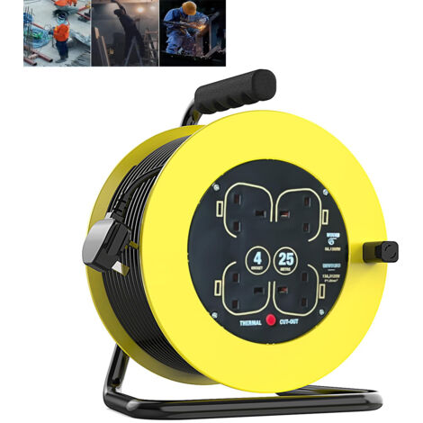 Outdoor switches and sockets, Four Socket Medium Cable Reels Extension leads with Winding Handle, Thermal Cut Out and Power Switch, 25 Metres, High Visibility Cable, Yellow