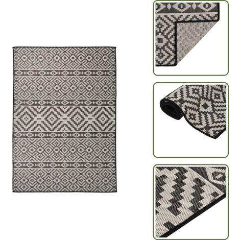Outdoor-Teppich Flachgewebe 120x170 cm Schwarz Gestreift - Außenbereich - Terrassenüberdachung - Balkon - Gartendekoration - Wetterfest