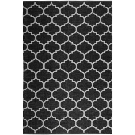 Outdoor Teppich Schwarz Weiß PVC 160 x 230 cm Kurzflor Marokkanisches Muster Handgewebt Rechteckig