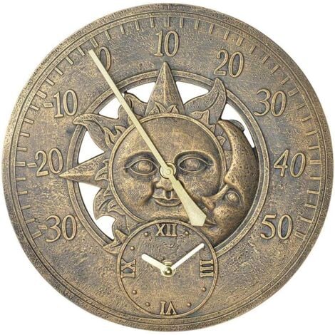 Outdoor Thermometer Clock, Vintage Wall Decor Station Clock, Retro Hanging Clock, Sun Moon Pattern, Waterproof for Outdoor or Indoor Pool Fence Patio