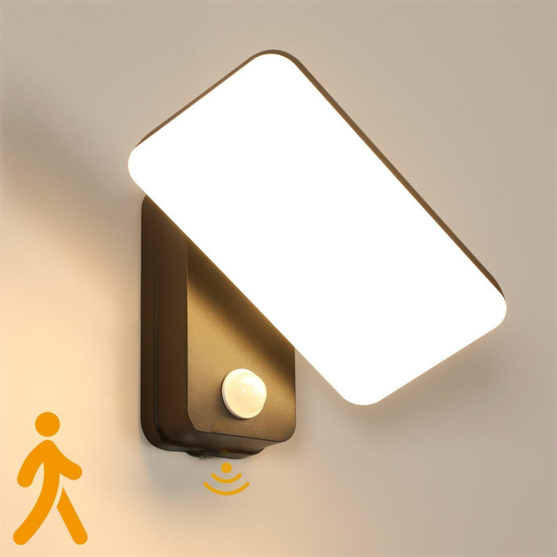 Outdoor Wall Light With Motion Sensor, IP65 Black LED Wall Light with Rotating LED Panel, Indoor Outdoor Lamp for Garden, Balcony, Hallway, Warm