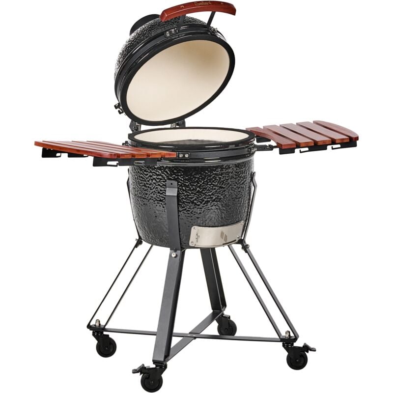 Outdoor Wheeled Ceramic Charcoal Grill BBQ with Lid and Thermometer Cooking Grate Black Kamado