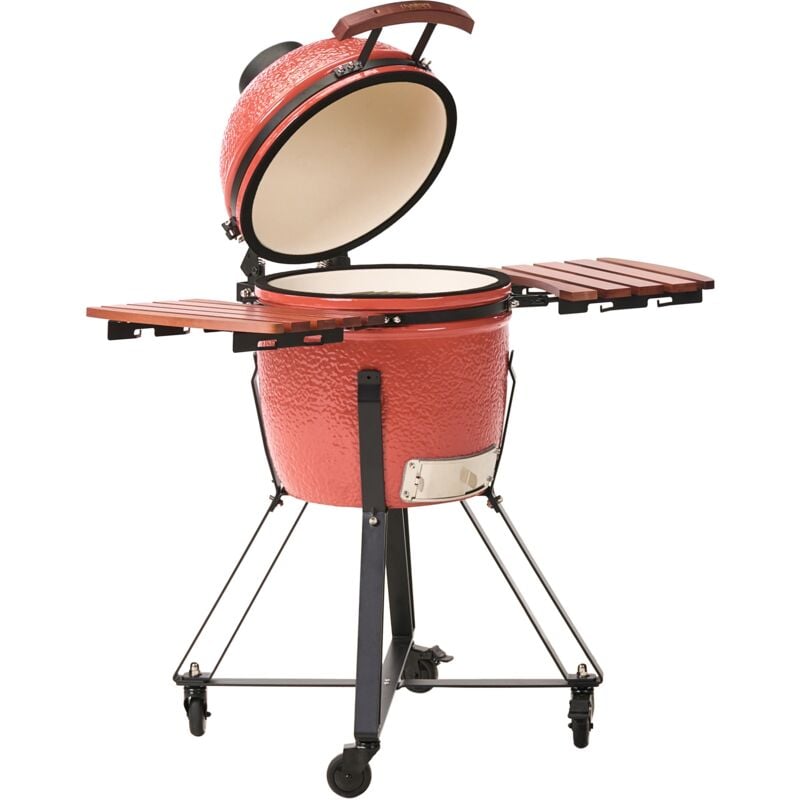Outdoor Wheeled Ceramic Charcoal Grill BBQ with Lid and Thermometer Cooking Grate RedKamado