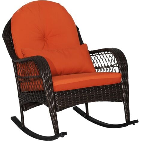 Outdoor Wicker Rocking Chair Patio Rattan Rocker w/ Back Cushions Orange