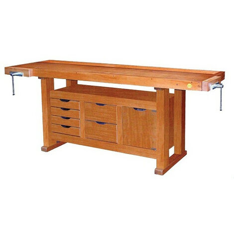 Outifrance – Établi bois de menuisier 2m – 6 tiroirs, 2 portes, 2 presses – Plateau en bois multiplis 25mm – Piètement renforcé 70x50mm