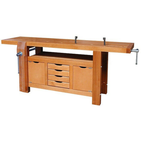 Outifrance – Établi bois menuisier professionnel 2,00m – Caisson de rangement avec 4 tiroirs – Plateau en bois multiplis 70mm – Presse avant 800mm