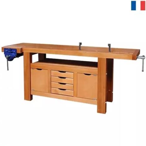 Outifrance – Établi bois menuisier professionnel 2m – Plateau multiplis 70mm – Caisson avec 4 tiroirs – Presse automatique à serrage rapide