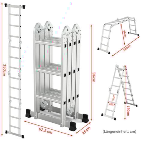 OUTIGO Échelle polyvalente 4x3, 7 en 1, 366 cm, pliante, en aluminium, avec 2 roues, pour usage domestique, charge maximale 150 kg, 12 marches.