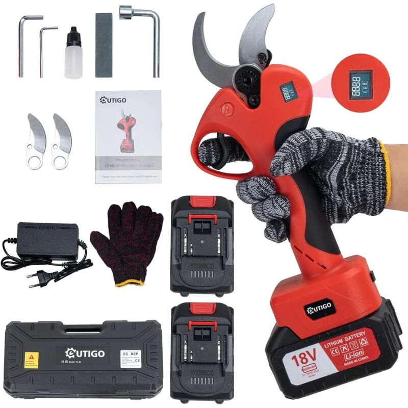 Sécateur Électrique Sans fil, 40mm Secateur Electrique Professionnel, Sécateur électrique avec Écran avec 2 Batteries de 3.0Ah pour la taille, le