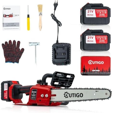 OUTIGO Tronçonneuse à batterie, Tronçonneuse, Tronçonneuse 12 pouces 2 4500 mah Batteries, 1Chaînes et 1lames, MINI Tronçonneuse électrique sans fil 1000w