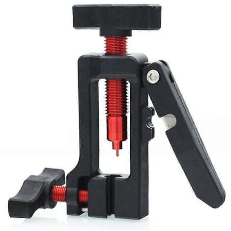 Outil 2 en 1 pour freins à disque hydrauliques de vélo : tournevis, coupe-tuyau, pince à sertir, connecteurs et accessoires.